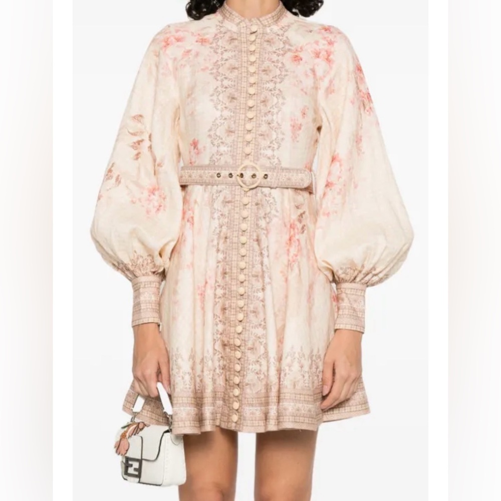 NWT Zimmermann Illuminate Buttoned Linen Puffer Sleeve Mini Coral Floral Dress